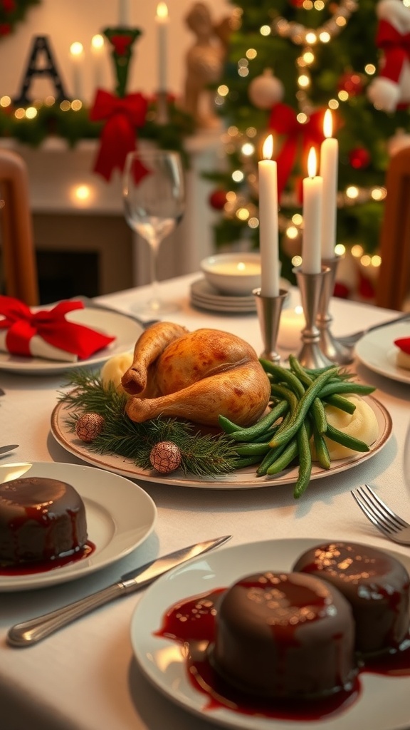 Romantic Christmas Dinner for Two Romantic Christmas dinner table for two with roasted chicken, mashed potatoes, green beans, and chocolate lava cake.